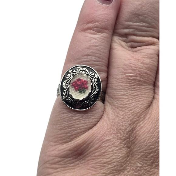 Vintage Petit Point Embroidered Rose Ring & Earring Set - Picture 6 of 8